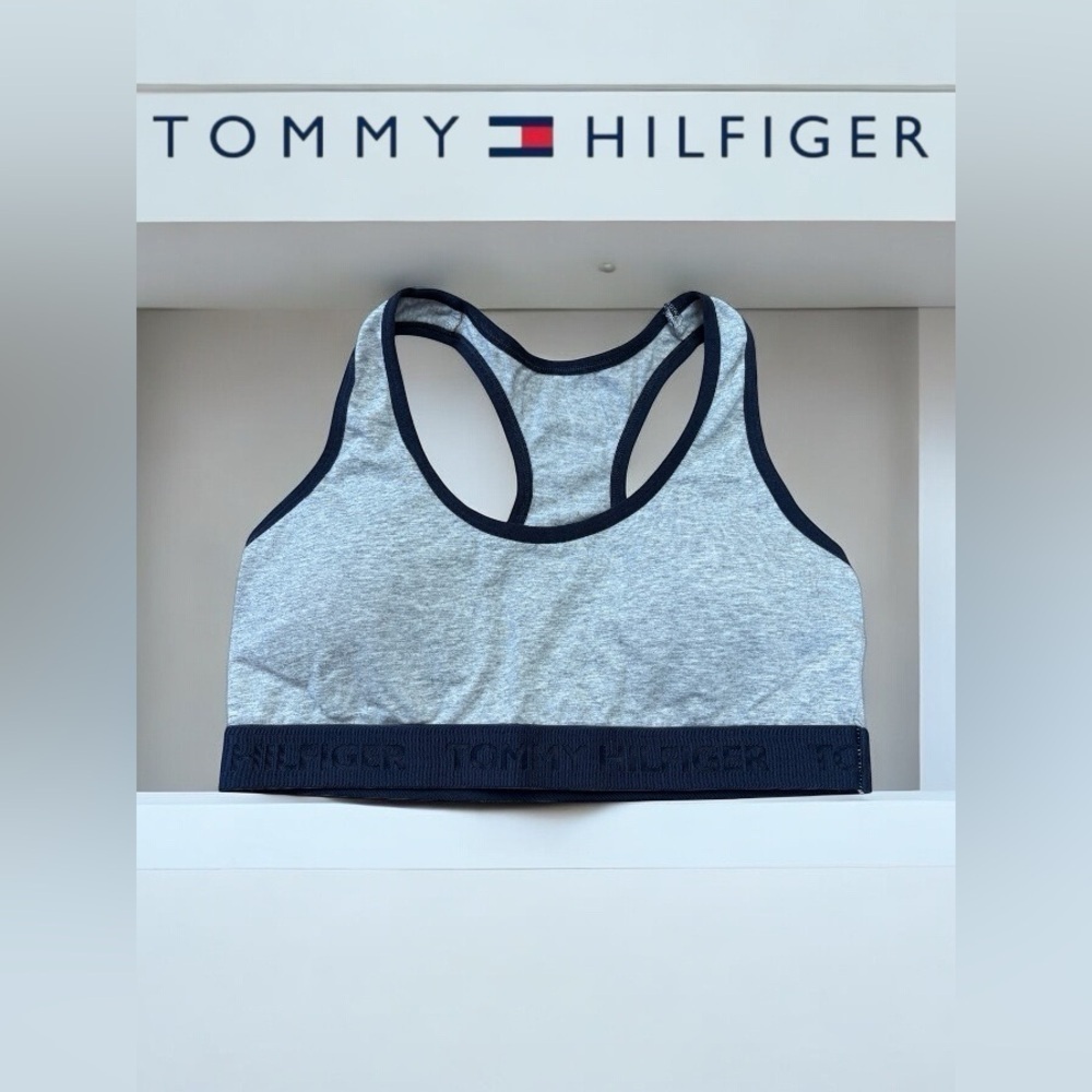 Tommy Hilfiger, Racerback Sports Bra, Medium, Gray & Navy 🏃♀️➡️